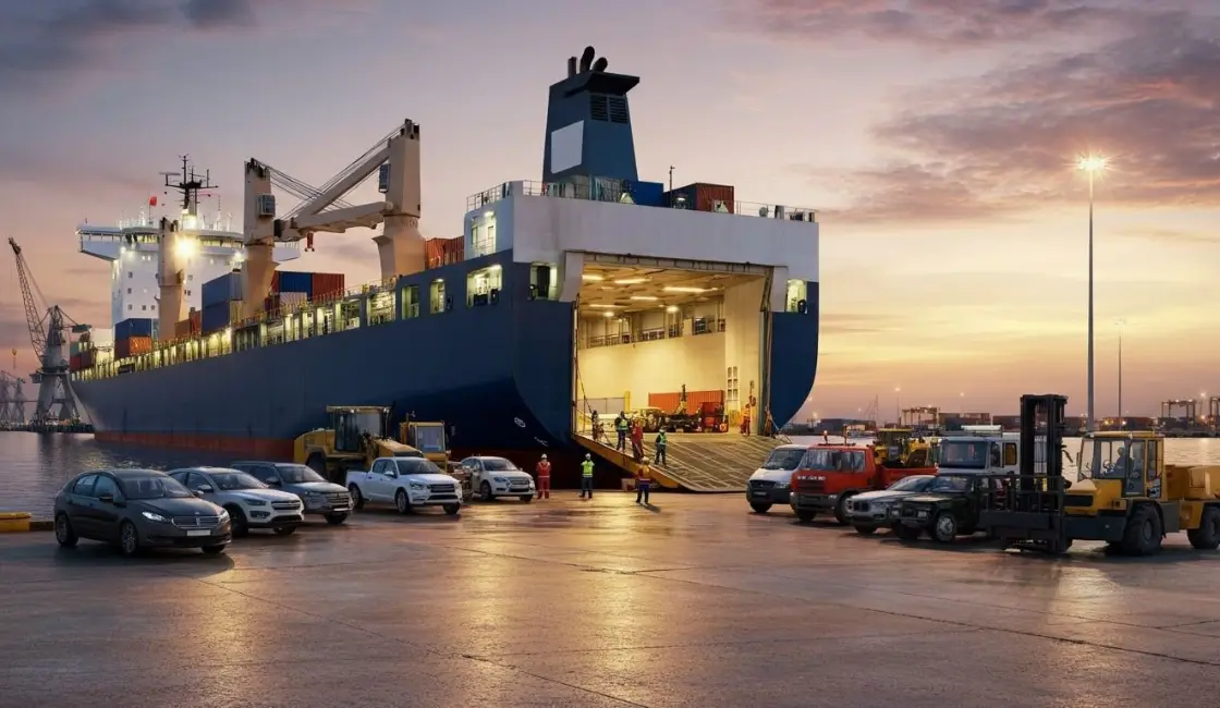 RoRo car carrier loading vehicles in Dubai for Africa