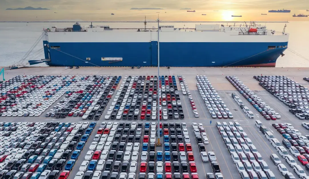 Fleet of vehicles at the port awaiting RoRo shipment to Africa