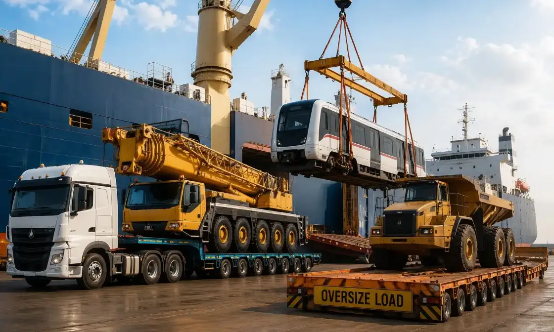High and heavy cargo loaded for RoRo shipping from Dubai to Africa