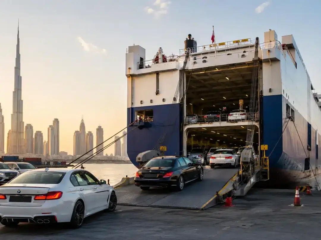 Cars loading onto a RoRo vessel in Dubai for shipping to Africa